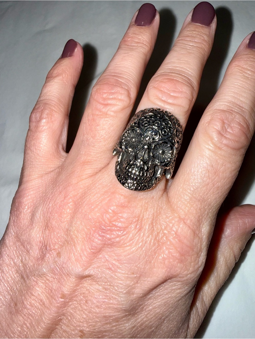 Silver-Tone Floral Skull Ring - Women's Statement Jewelry